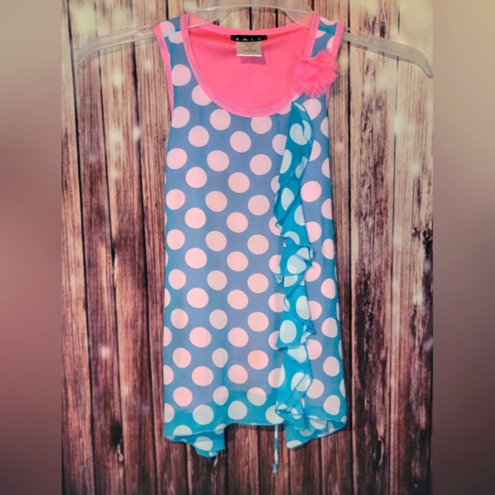 RMLA Girls Top - Size 10 - Blue with Pink Dots - GUC - Ties at Back Waist